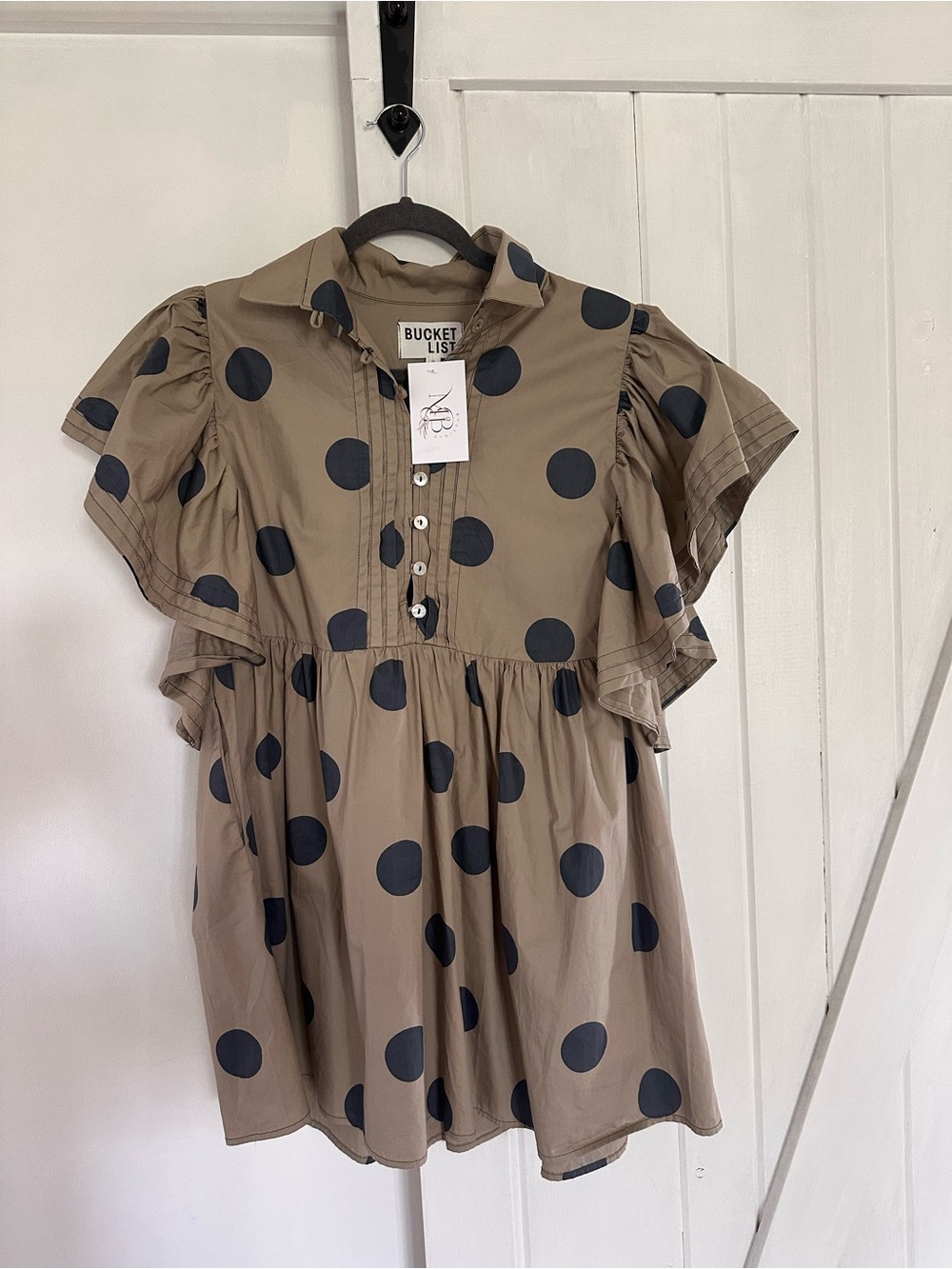 BUCKETLIST Tan Blouse with Black Polka Dots